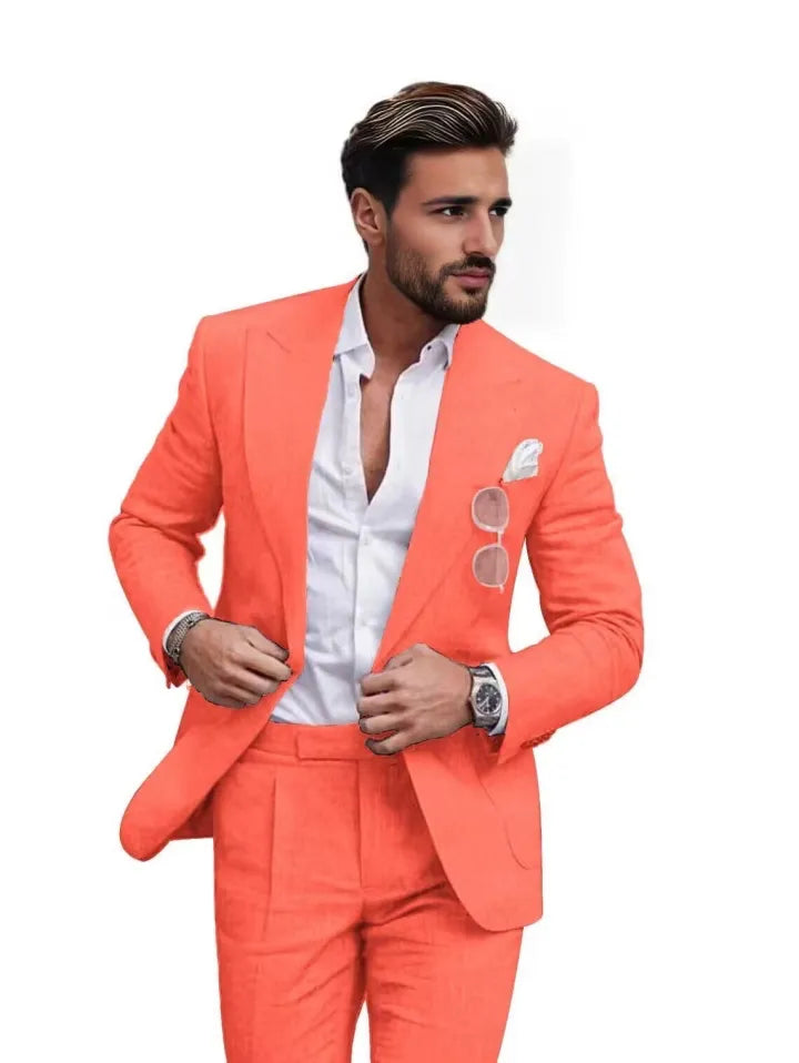 Traje de dos piezas de lino con solapas en pico para hombre