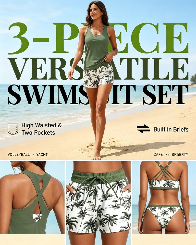 Conjunto de playa con top sin mangas cruzado y pantalón estampado con cordón ajustable.