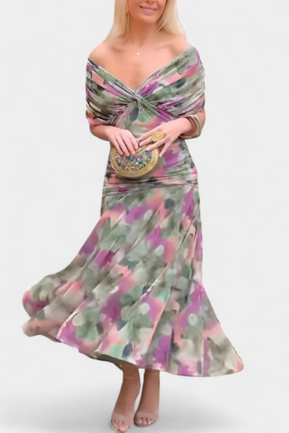 Vestido largo mujer Hombros descubiertos cintura fruncida escote retorcido
