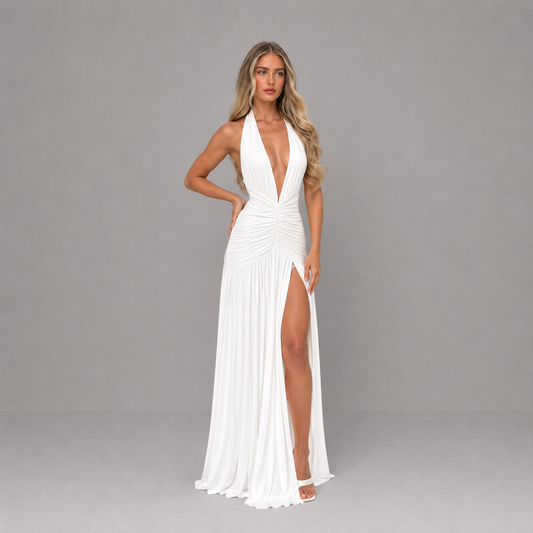 Vestido largo de verano de mujer blanco de espalda descubierta