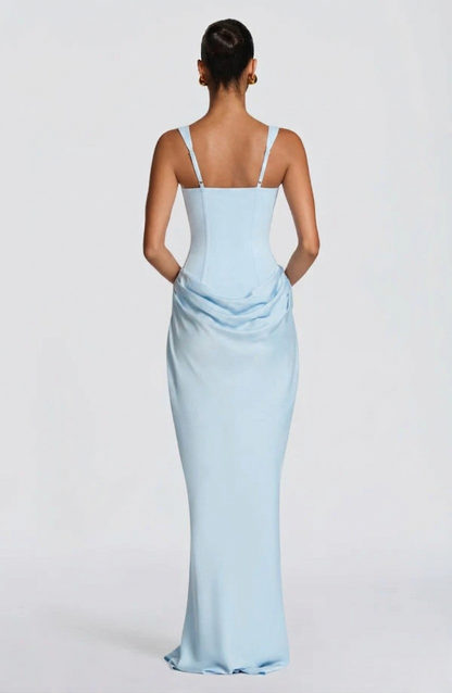 Vestido largo mujer bustier estructurado escote cuadrado drapeado