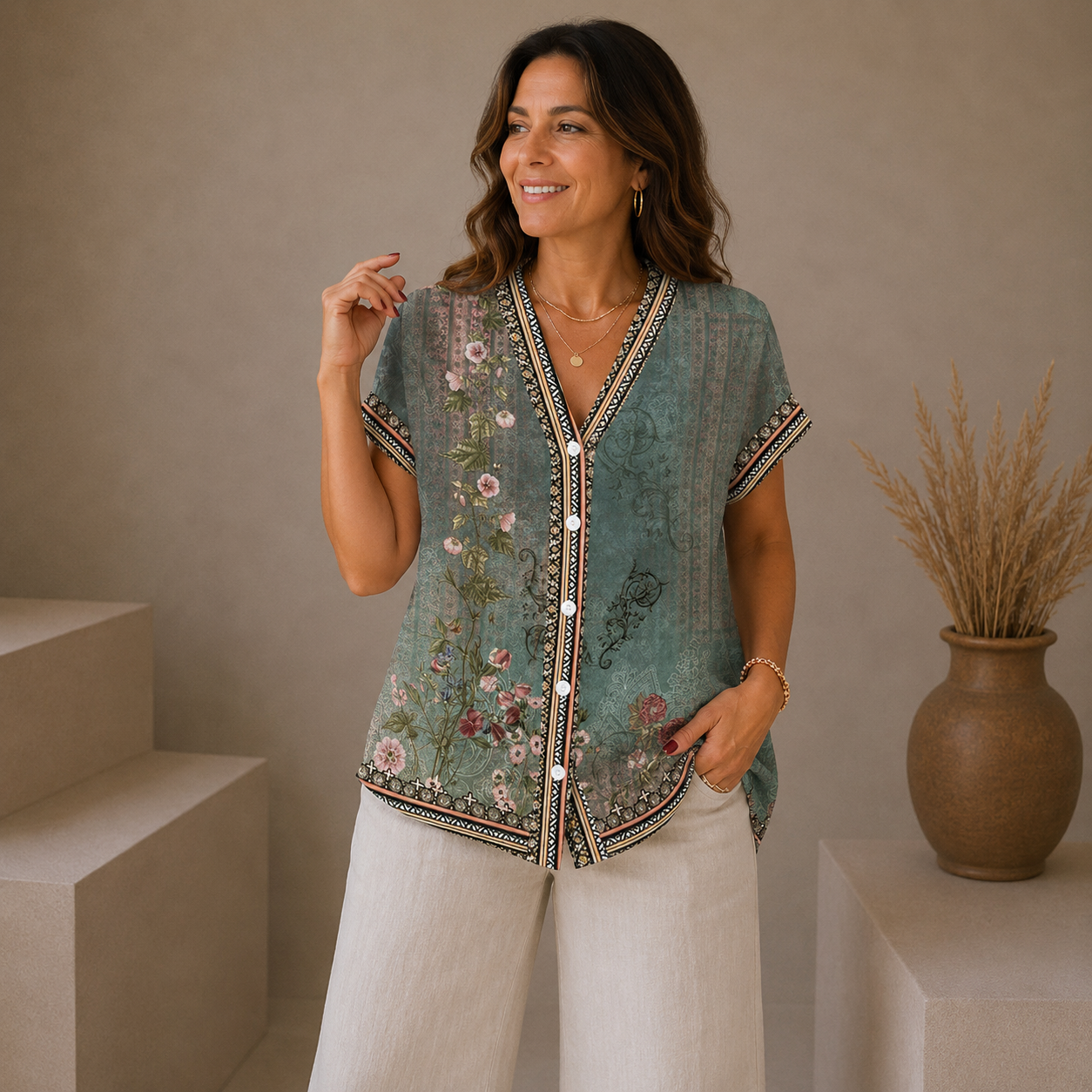 LUCÍA – Blusa bohemia ligera con estampado floral, escote en V y mangas cortas