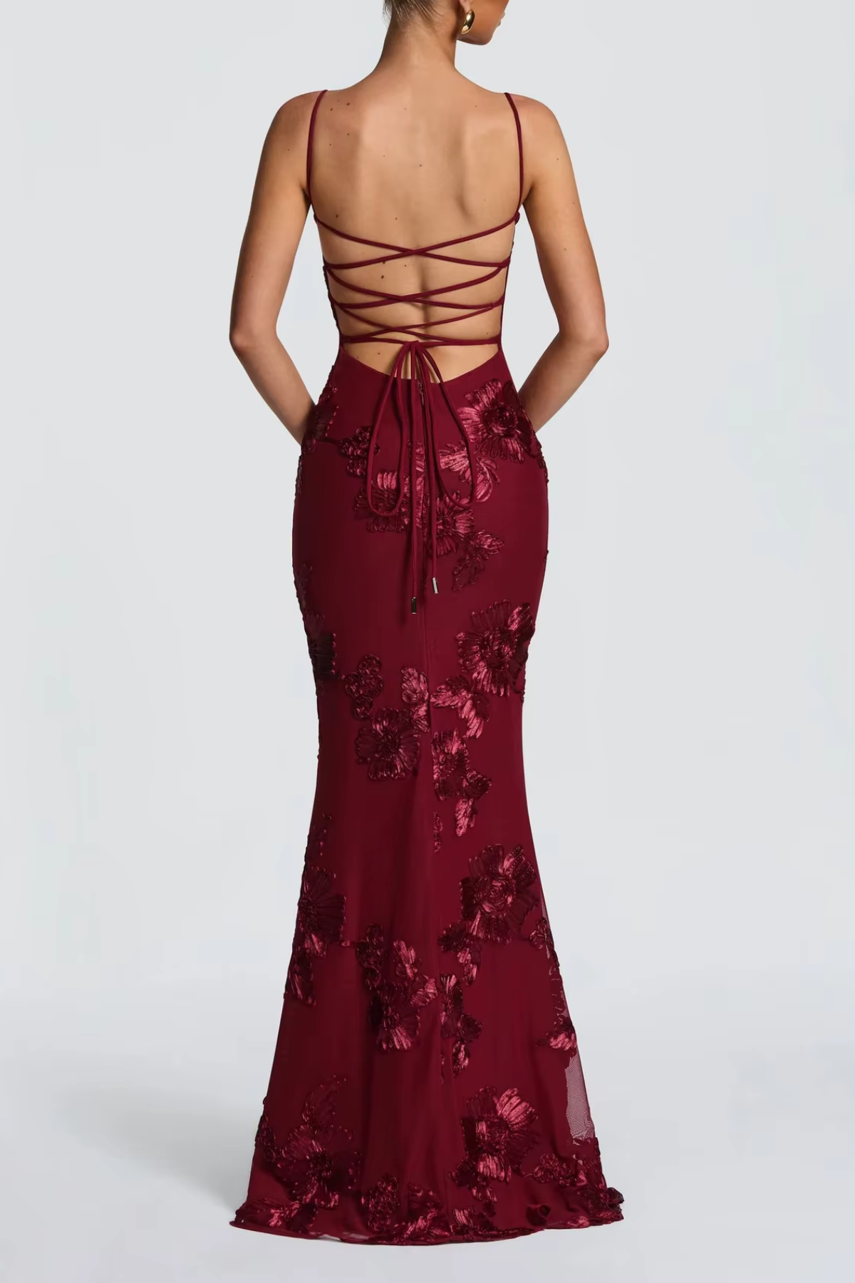 Vestido largo mujer bustier espalda descubierta con lazada bordados florales tubo