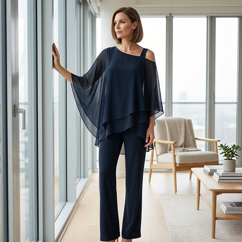 Conjunto de dos piezas para mujer: top asimétrico y pantalones anchos👚👖