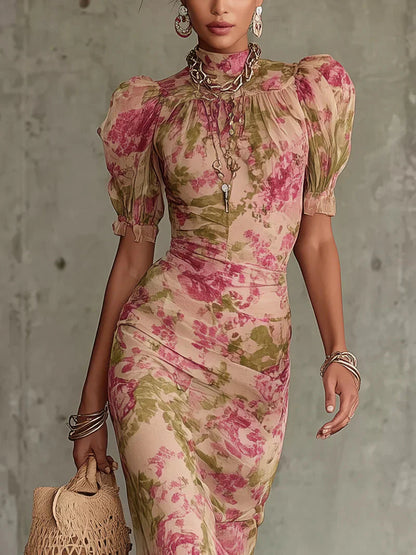 Fiora | Vestido largo con estampado vintage de rosas y mangas abullonadas