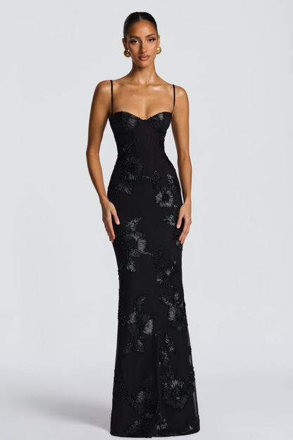 Vestido largo mujer bustier espalda descubierta con lazada bordados florales tubo