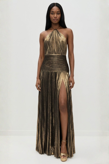 Vestido largo mujer cuello halter plisado con abertura espalda descubierta