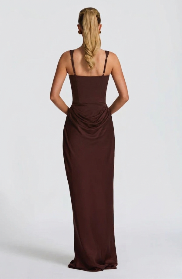 Vestido largo mujer bustier estructurado escote cuadrado drapeado