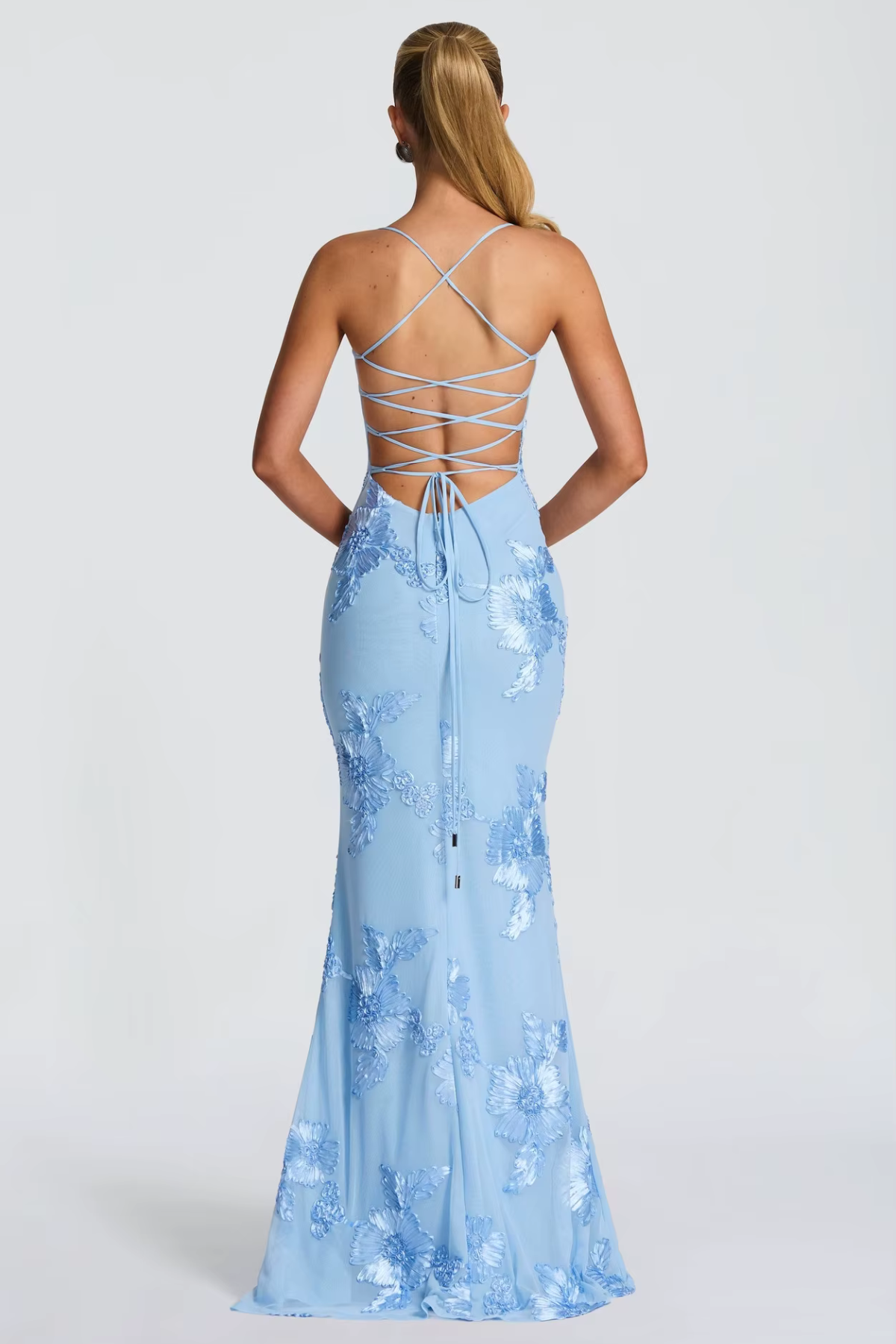 Vestido largo mujer bustier espalda descubierta con lazada bordados florales tubo