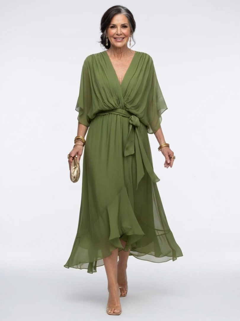 Elisa | Vestido midi con escote en V y cintura drapeada