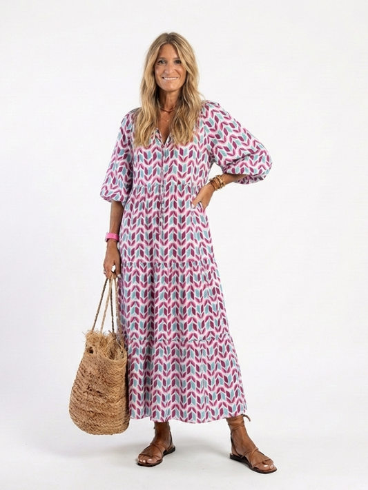 Mireya | Vestido midi de capas con estampado geométrico y manga larga