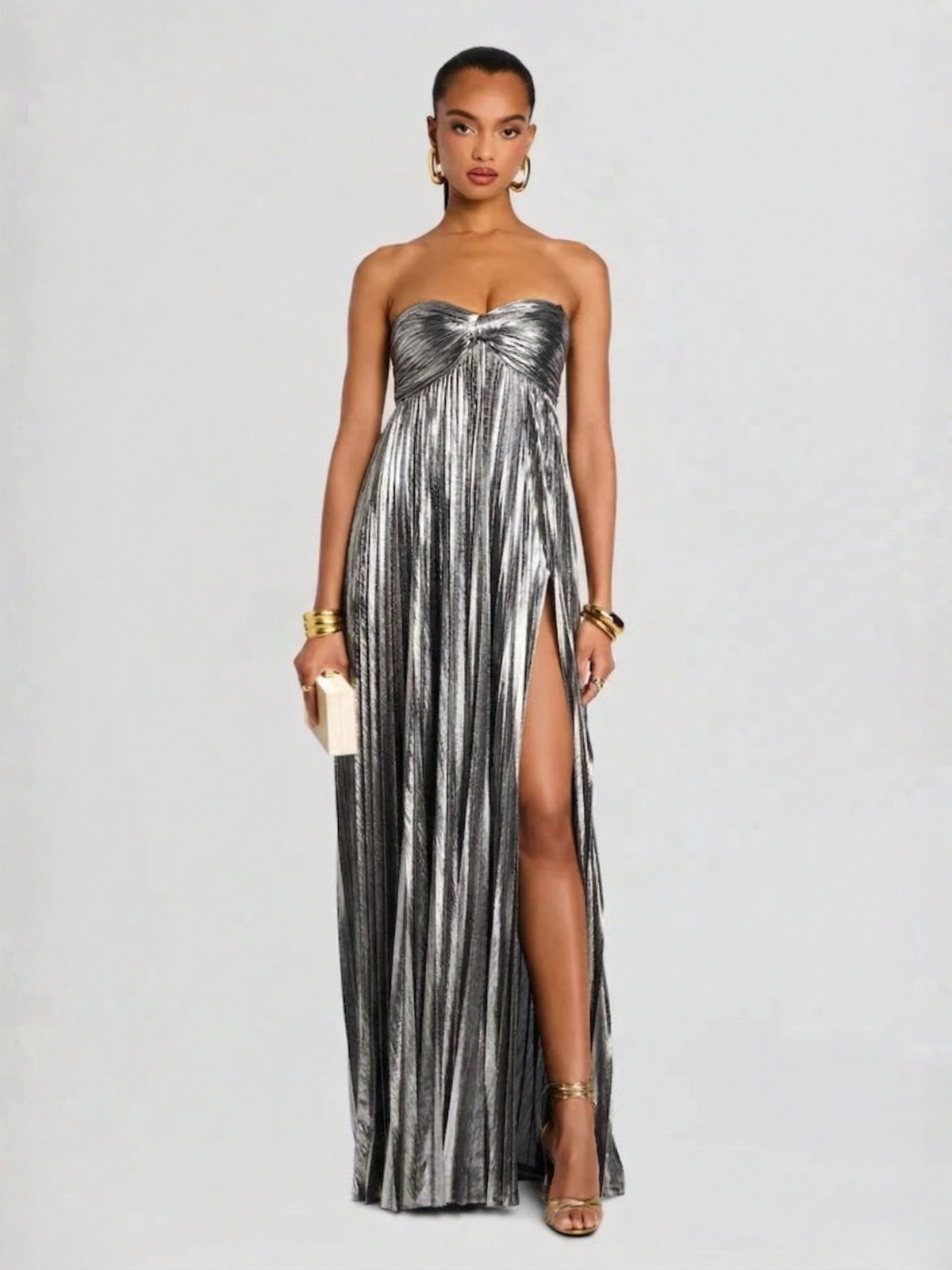 Vestido largo mujer sin tirantes cuerpo retorcido abertura alta plisado