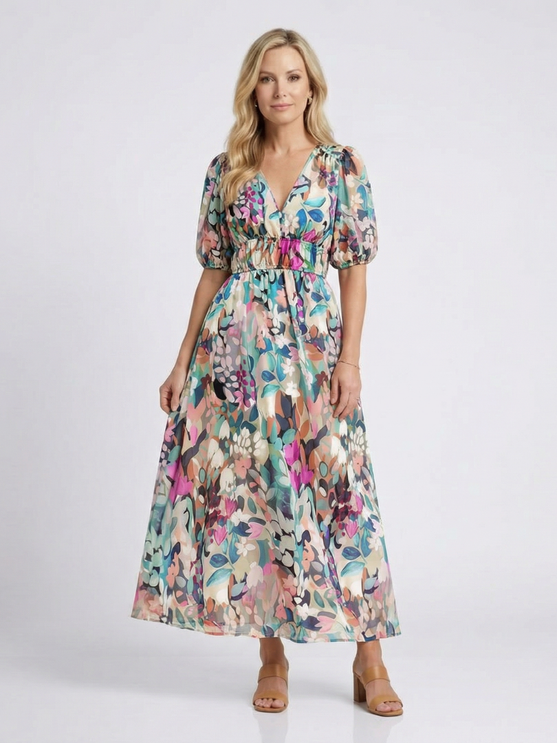 Elena | Vestido midi con escote en V, manga corta y cintura fruncida