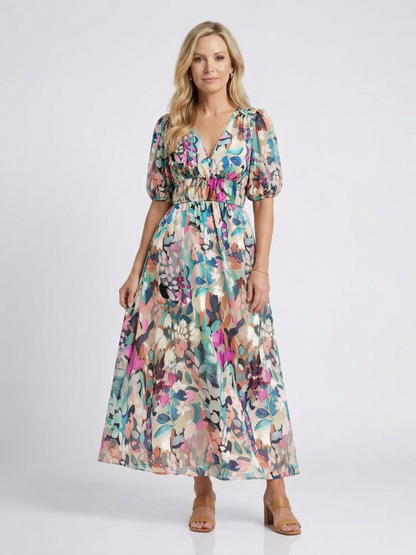 Elena | Vestido midi con escote en V, manga corta y cintura fruncida
