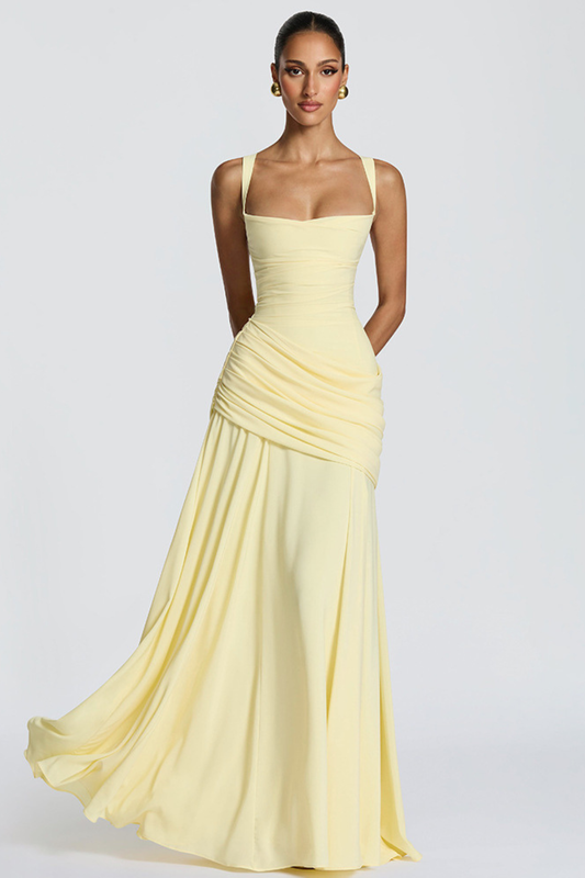 Vestido largo mujer cuello cuadrado cintura drapeada tirantes finos espalda cruzada