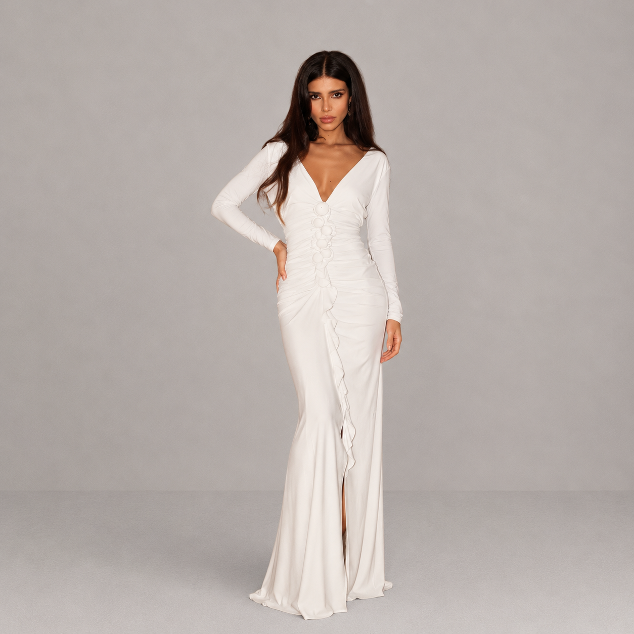 Vestido largo de mujer blanco de mangas largas