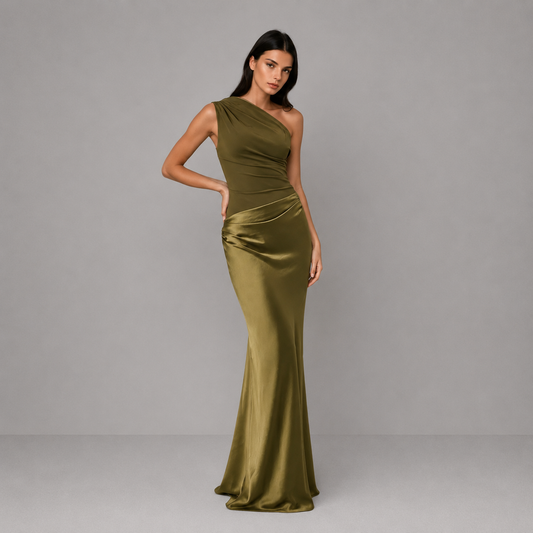 Vestido largo de mujer de satén asimétrico