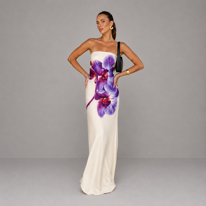 Vestido largo para mujer con estampado floral violeta sin tirantes