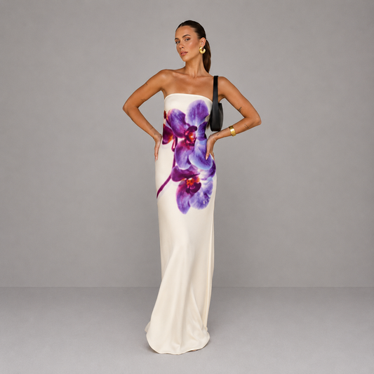 Vestido largo para mujer con estampado floral violeta sin tirantes