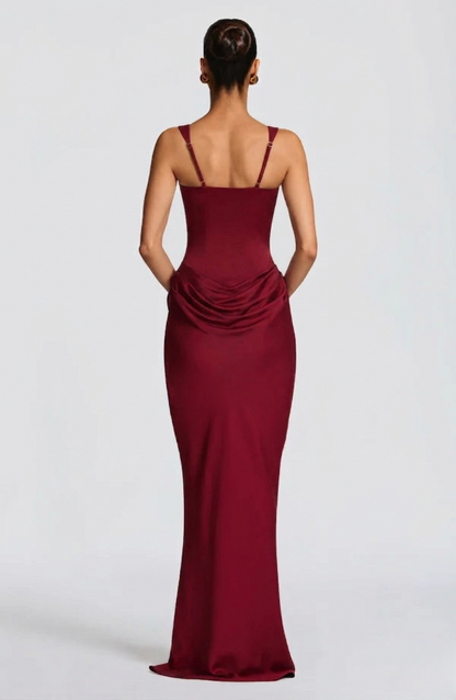 Vestido largo mujer bustier estructurado escote cuadrado drapeado