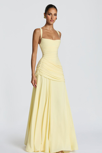 Vestido largo mujer cuello cuadrado cintura drapeada tirantes finos espalda cruzada