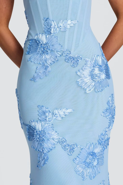 Vestido largo mujer bustier espalda descubierta con lazada bordados florales tubo