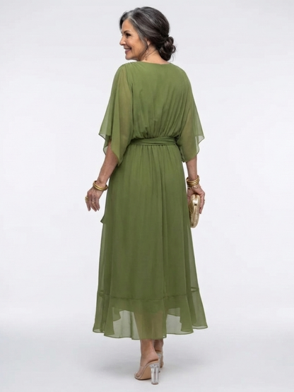 Elisa | Vestido midi con escote en V y cintura drapeada