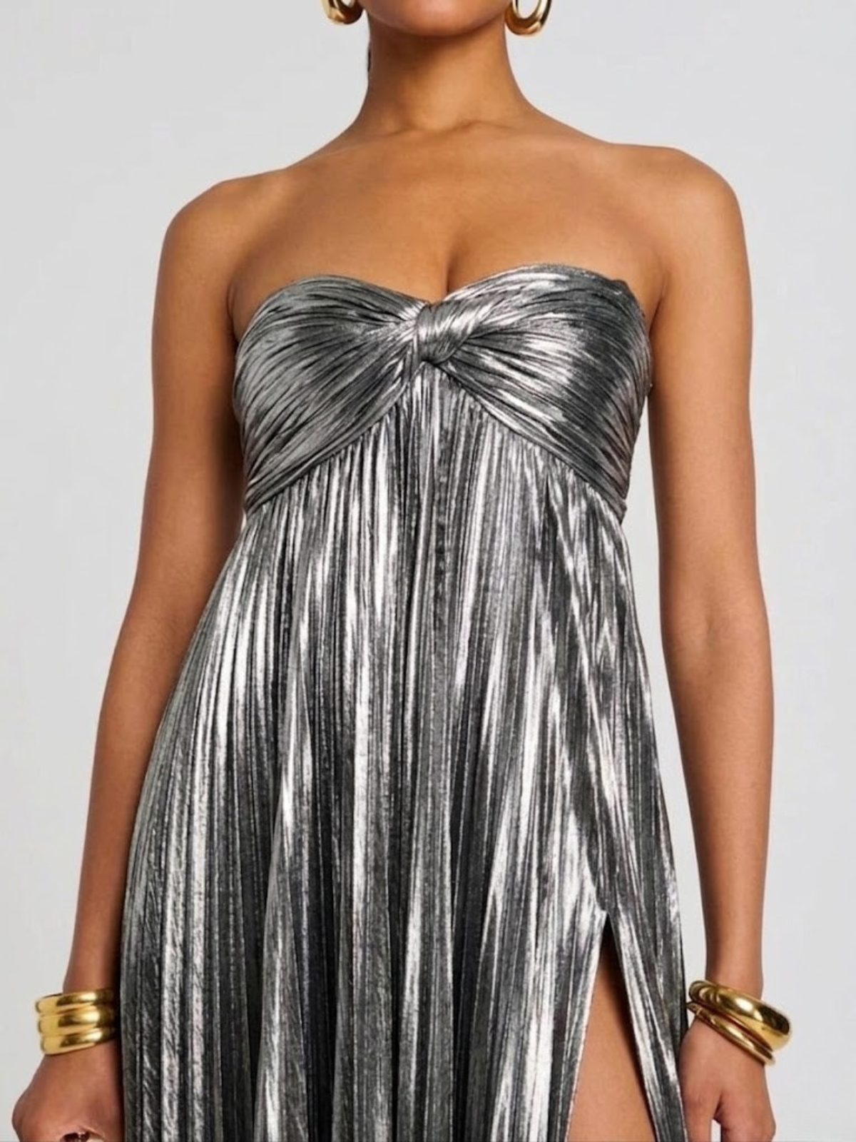 Vestido largo mujer sin tirantes cuerpo retorcido abertura alta plisado