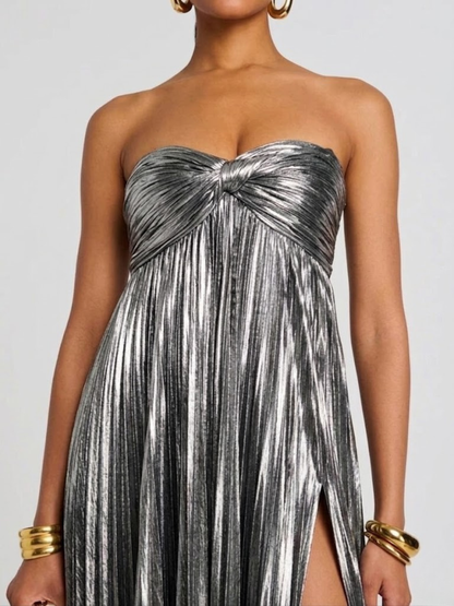Vestido largo mujer sin tirantes cuerpo retorcido abertura alta plisado