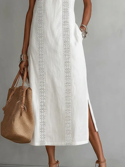 Jimena™ | Vestido Midi de Lino con Cuello Mao Elegante