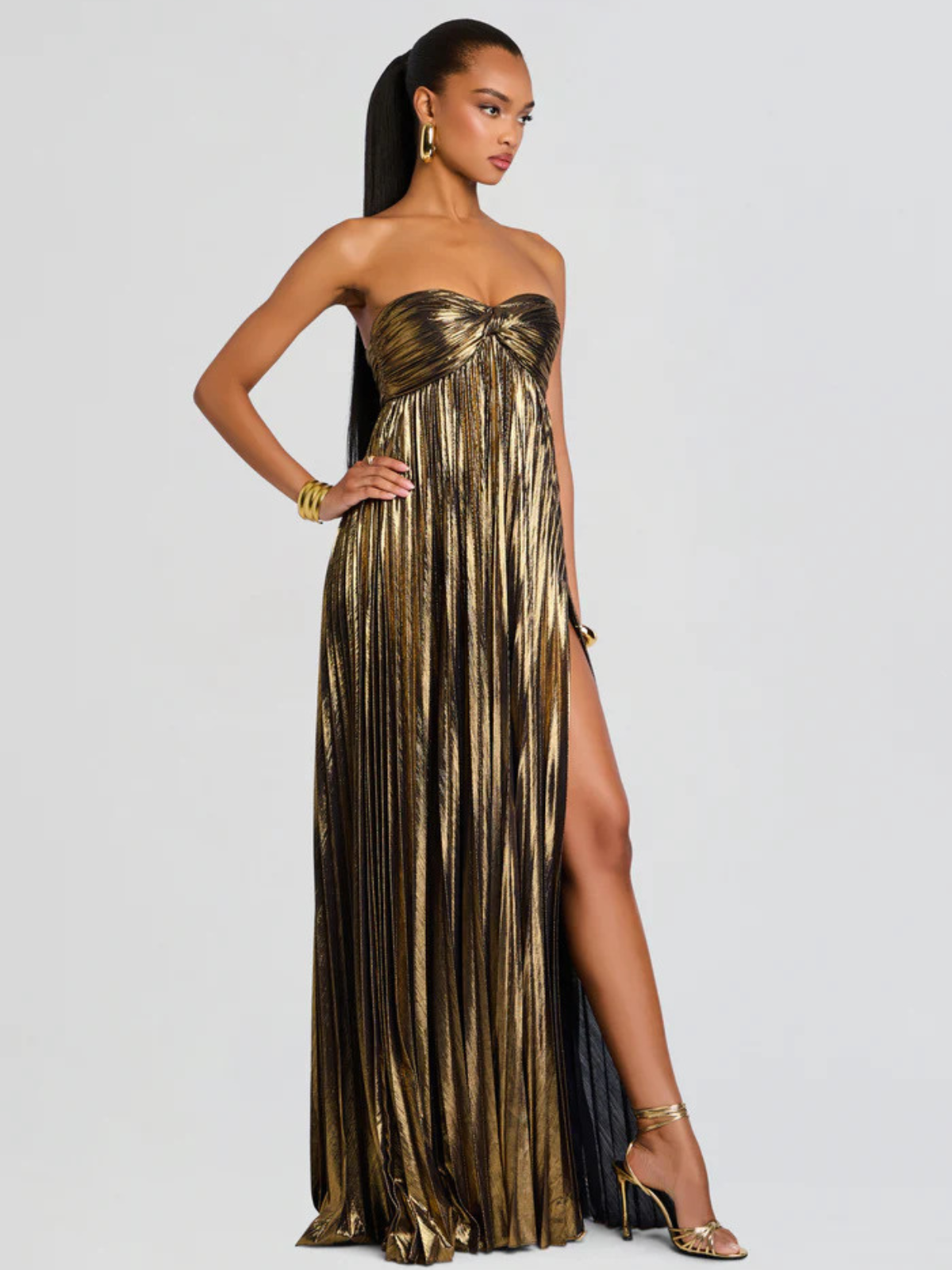 Vestido largo mujer sin tirantes cuerpo retorcido abertura alta plisado