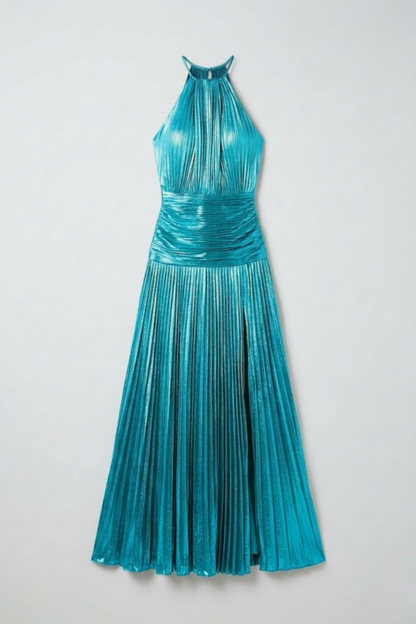 Vestido largo mujer cuello halter plisado con abertura espalda descubierta