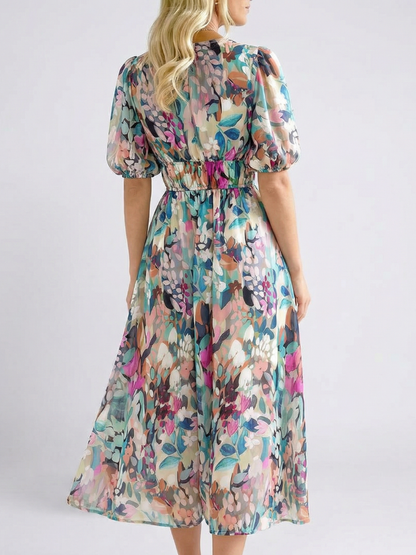 Elena | Vestido midi con escote en V, manga corta y cintura fruncida