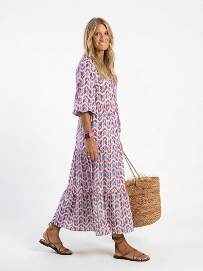 Mireya | Vestido midi de capas con estampado geométrico y manga larga