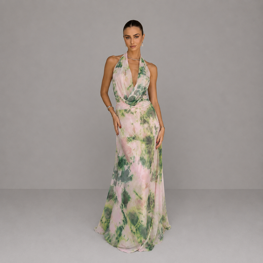 Vestido largo para mujer con estampado fluido y espalda escotada