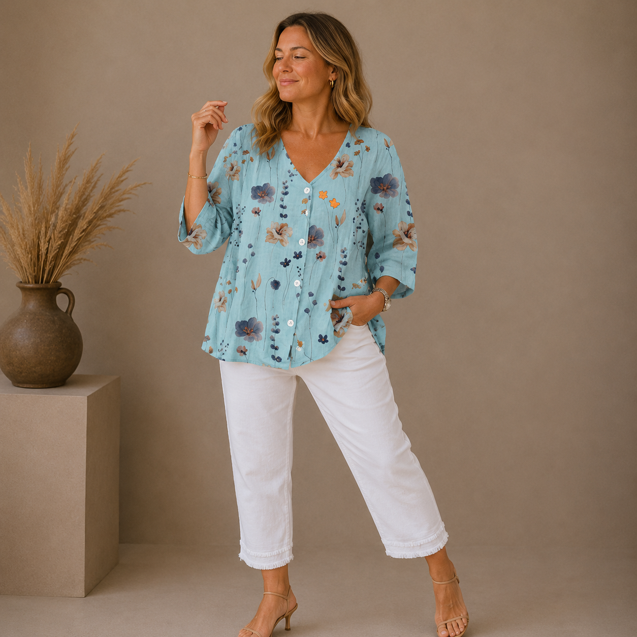 BEATRIZ – Blusa floral de talla grande con mangas tres cuartos y escote en V