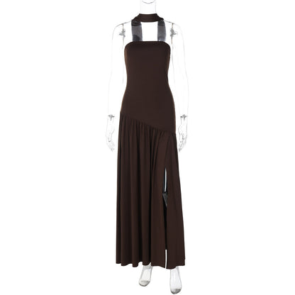 Vestido largo mujer palabra de honor abertura alta cintura asimétrica