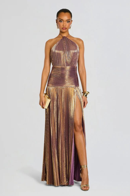 Vestido largo mujer cuello halter plisado con abertura espalda descubierta