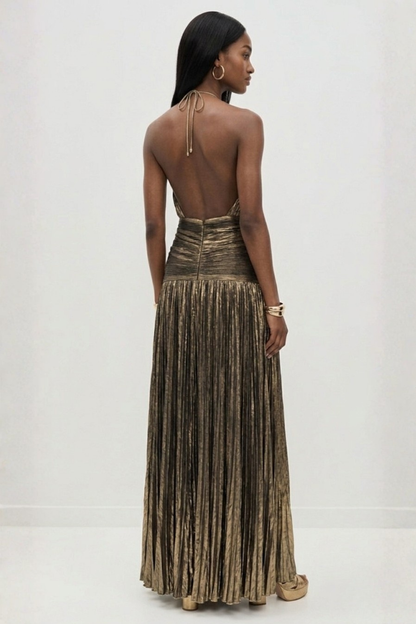 Vestido largo mujer cuello halter plisado con abertura espalda descubierta