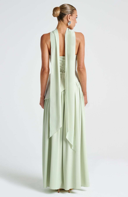 Vestido largo mujer sin tirantes cuello pañuelo espalda corsé abertura alta