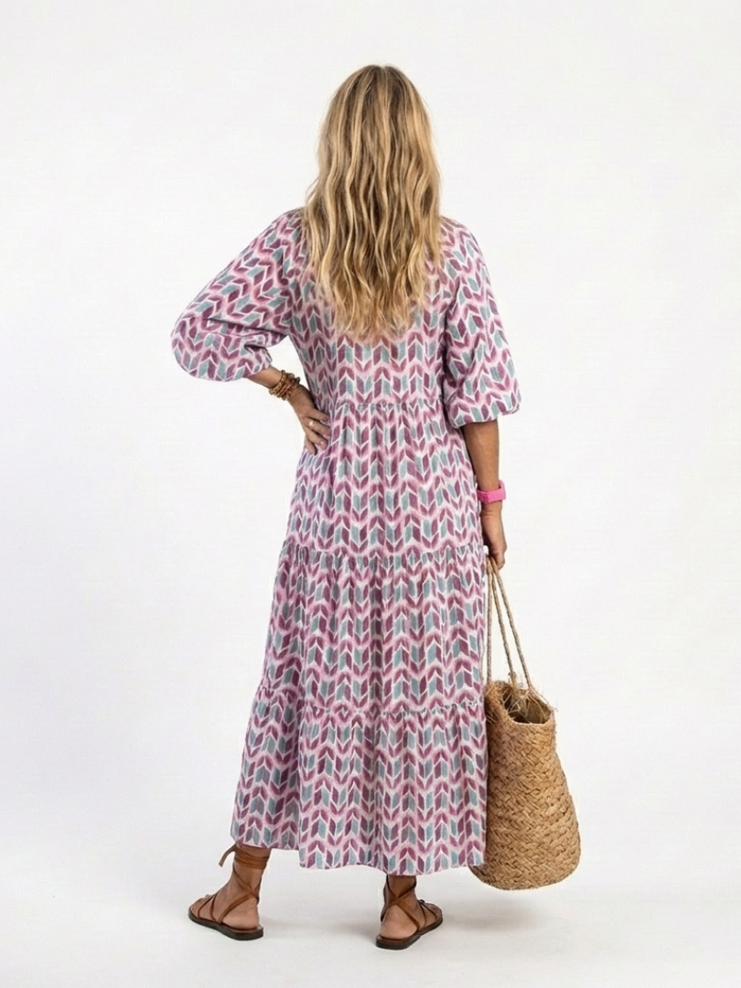 Mireya | Vestido midi de capas con estampado geométrico y manga larga