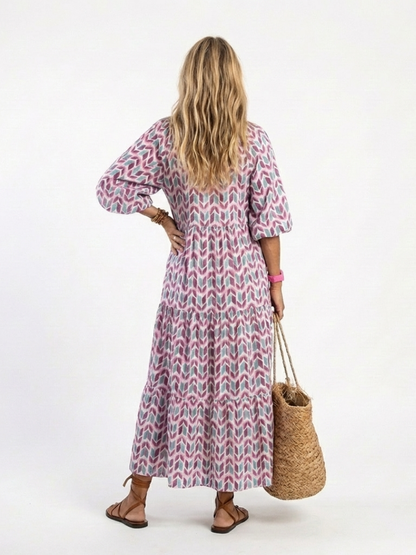 Mireya | Vestido midi de capas con estampado geométrico y manga larga