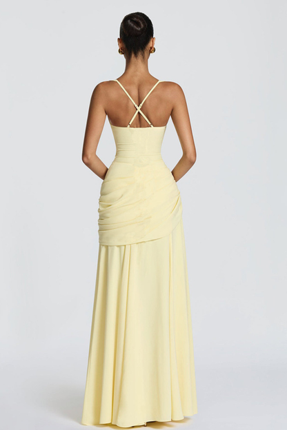 Vestido largo mujer cuello cuadrado cintura drapeada tirantes finos espalda cruzada