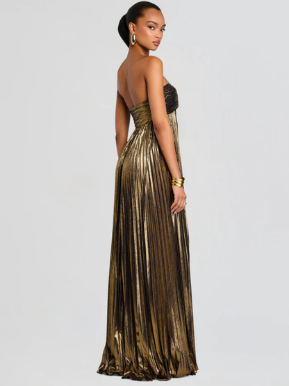Vestido largo mujer sin tirantes cuerpo retorcido abertura alta plisado