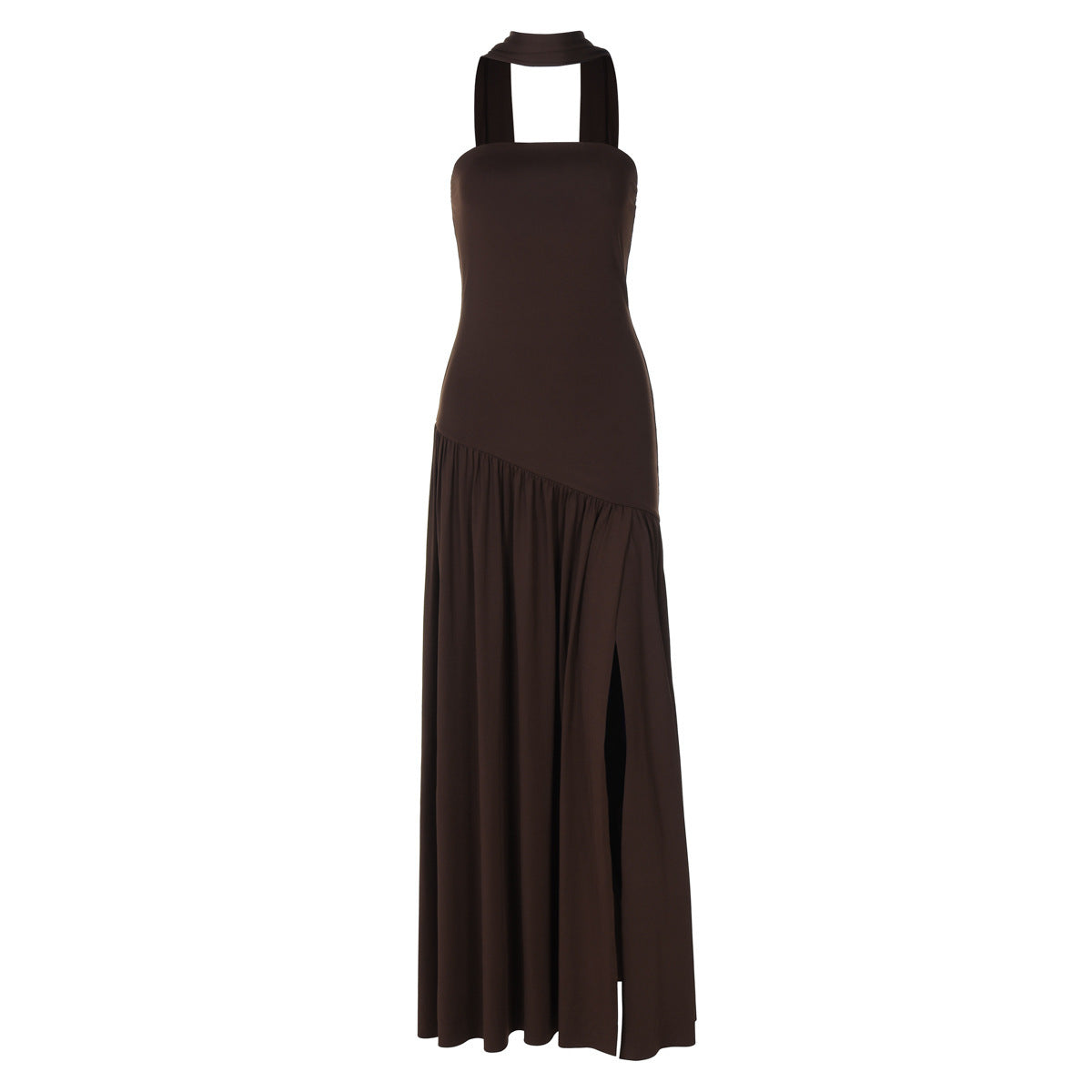 Vestido largo mujer palabra de honor abertura alta cintura asimétrica