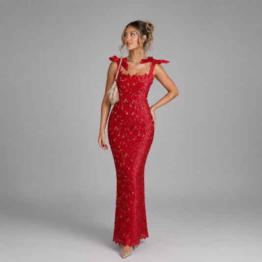Vestido largo de mujer rojo con lazos