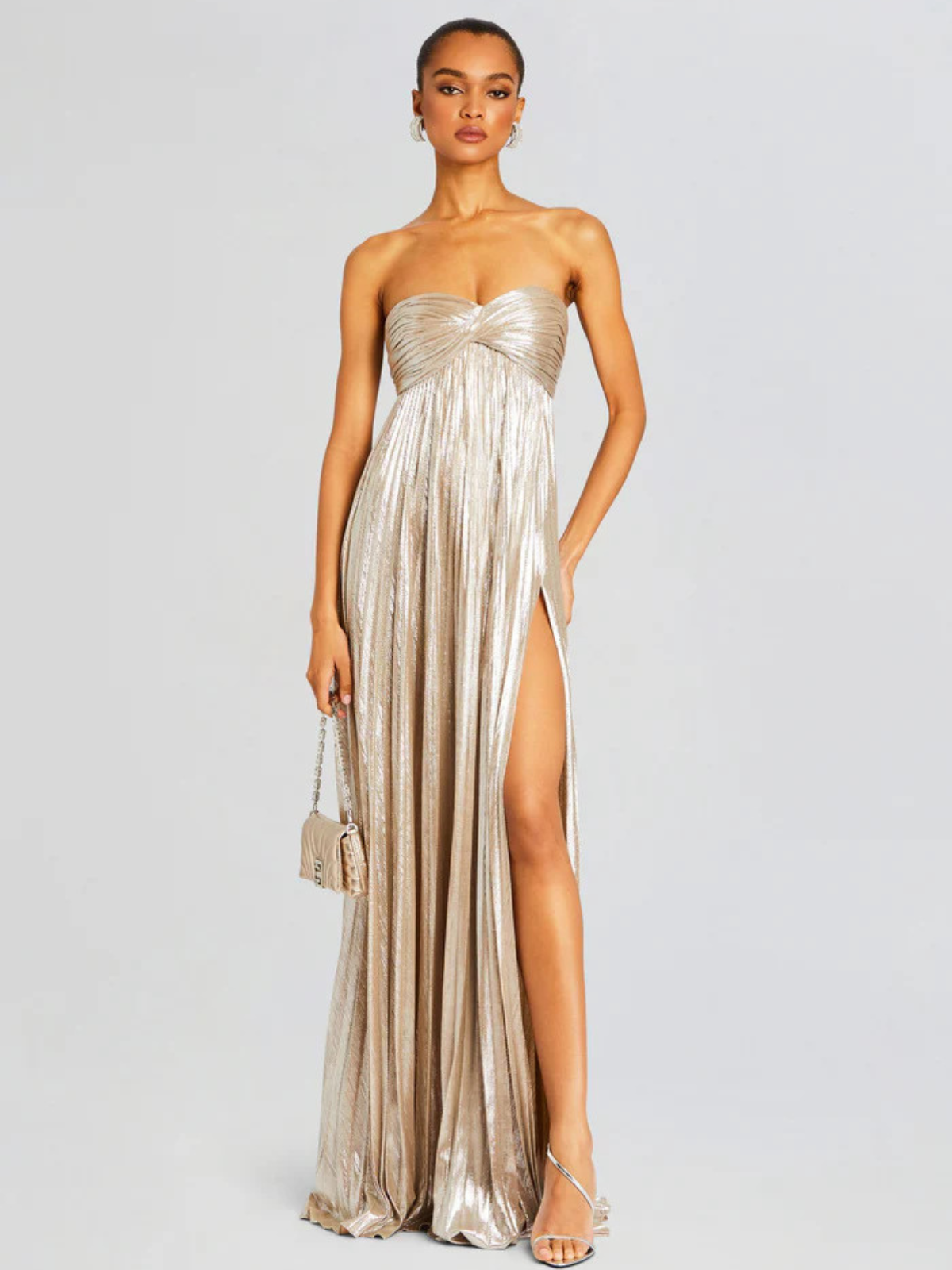 Vestido largo mujer sin tirantes cuerpo retorcido abertura alta plisado