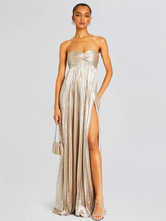 Vestido largo mujer sin tirantes cuerpo retorcido abertura alta plisado