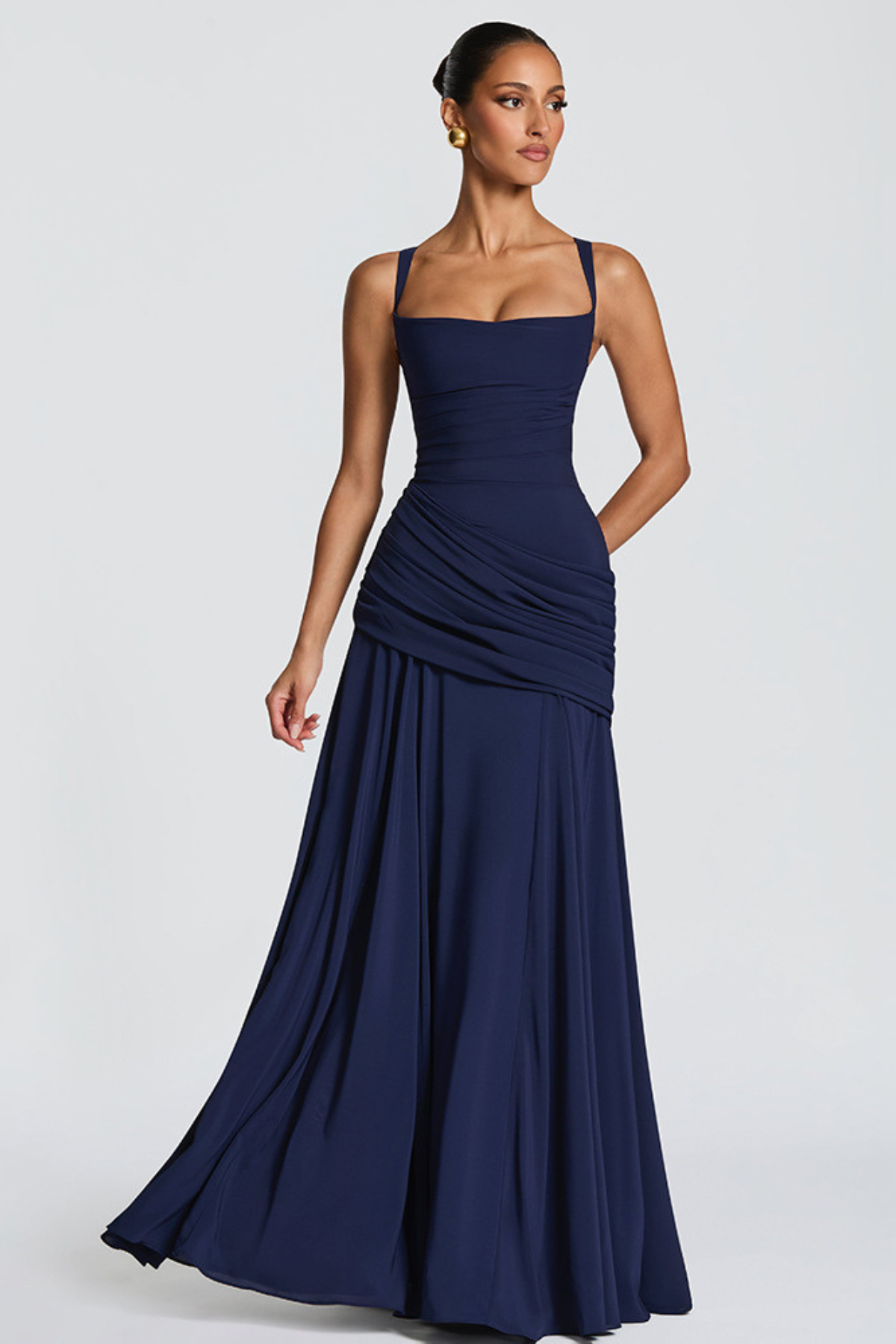 Vestido largo mujer cuello cuadrado cintura drapeada tirantes finos espalda cruzada