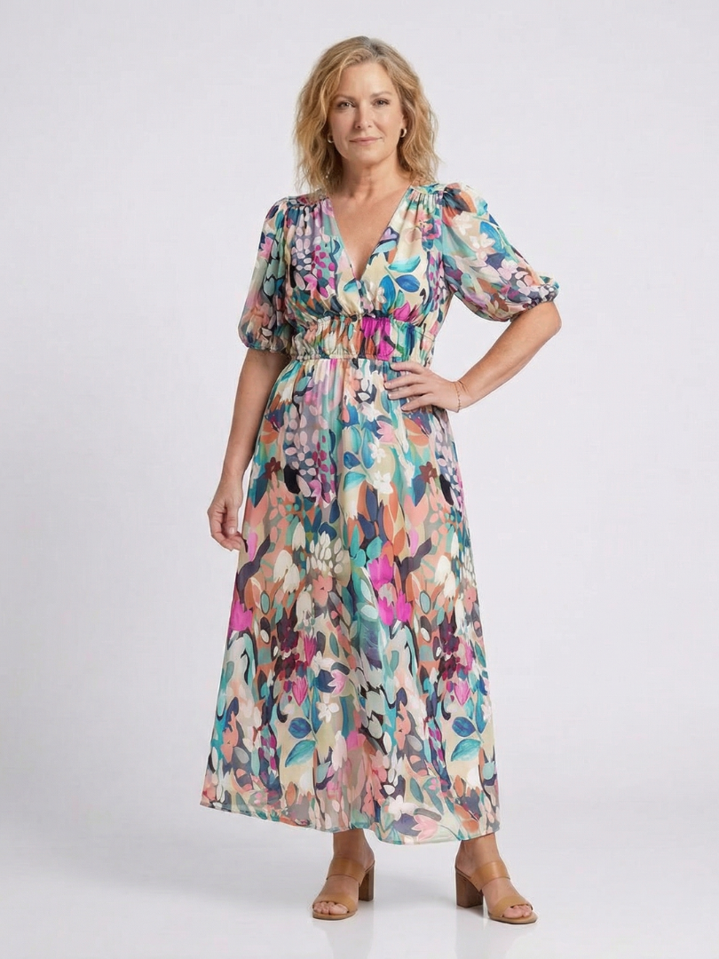 Elena | Vestido midi con escote en V, manga corta y cintura fruncida